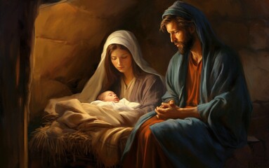 Christmas story. Christmas night, Mary, Joseph and the baby Jesus, Son of God , symbol of Christianity , Christmas greeting card, art illustration painted, generative ai