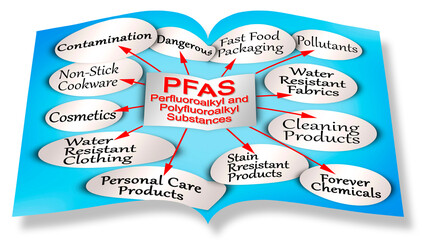 Infographic about dangerous PFAS Perfluoroalkyl and Polyfluoroalkyl Substances used due to their enhanced water-resistant properties - opened book 3D render concept