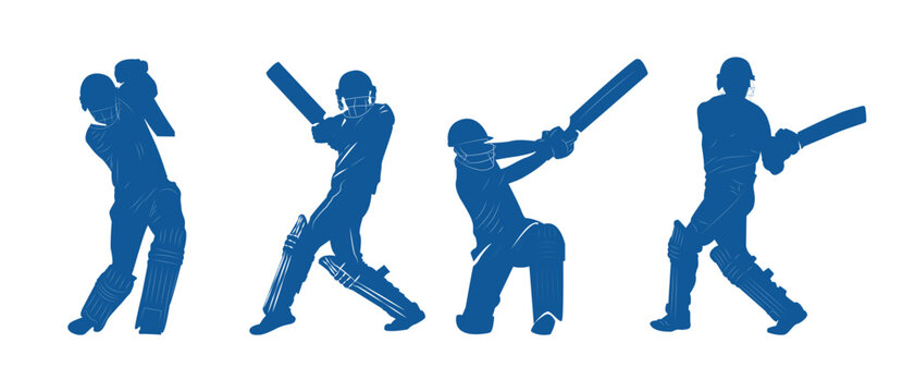 Set of batsman silhouette  playing cricket on the field. Black and white.