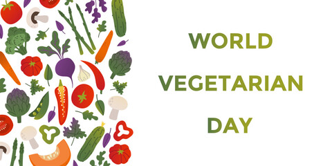 World Vegetarian day flat colorful vector illustration. Different vegetables. Typo text for cards, stickers, banners and posters.