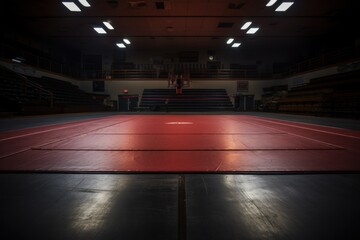 full shot straight on photo of a wrestling mat in an empty gym with low light 