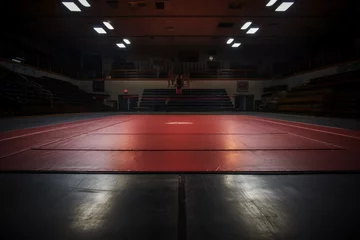 Fotobehang full shot straight on photo of a wrestling mat in an empty gym with low light  © Anastasiya