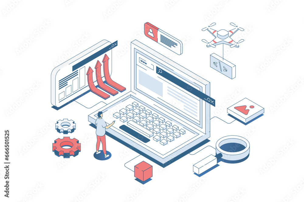Aufkleber Programming concept in 3d isometric design. Developer coding and working with software development, creating and releasing new products. Vector illustration with isometry people scene for web graphic