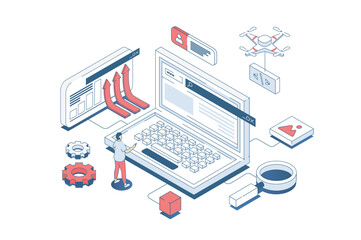 Programming concept in 3d isometric design. Developer coding and working with software development, creating and releasing new products. Vector illustration with isometry people scene for web graphic - obrazy, fototapety, plakaty
