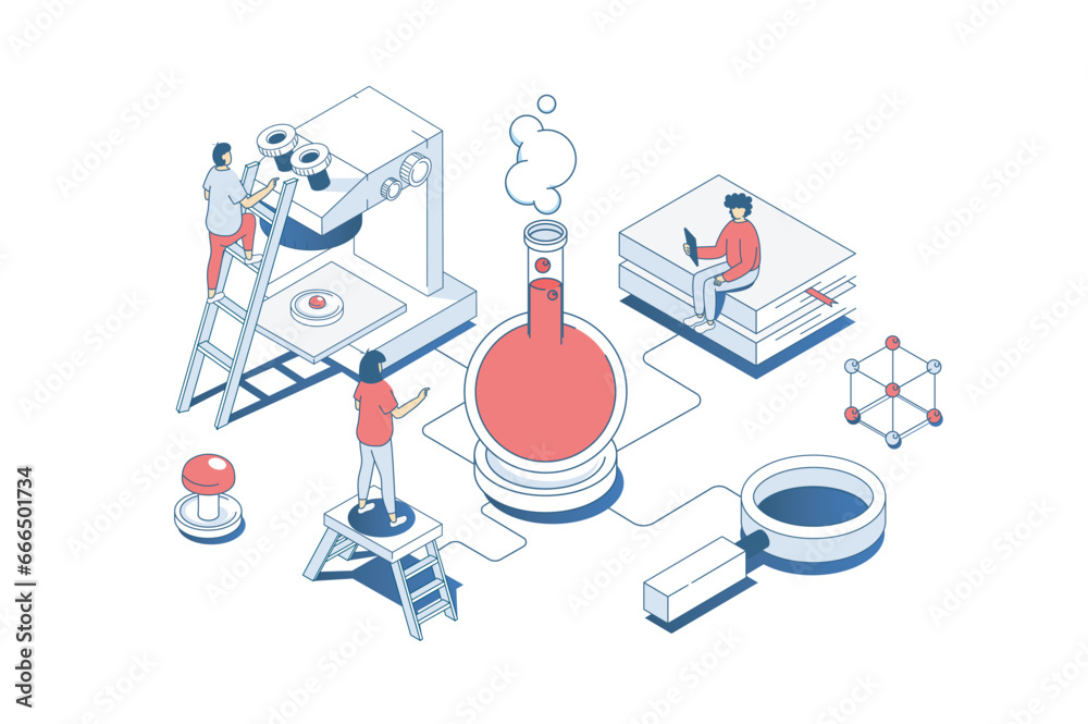 Aufkleber science laboratory concept in 3d isometric design. scientific team making chemicals tests in flasks,