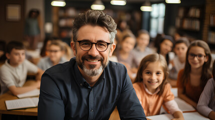 Portrait of smiling teacher in eyeglasses looking at camera while sitting at desk in classroom