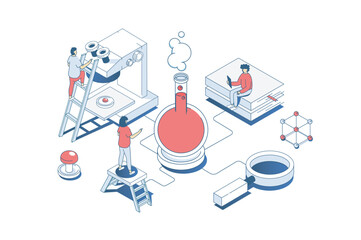 Science laboratory concept in 3d isometric design. Scientific team making chemicals tests in flasks, researching liquid in lab tubes. Vector illustration with isometry people scene for web graphic