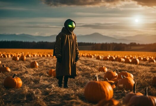 AI-generated illustration of an alien stands in front of a pumpkin patch at sunset
