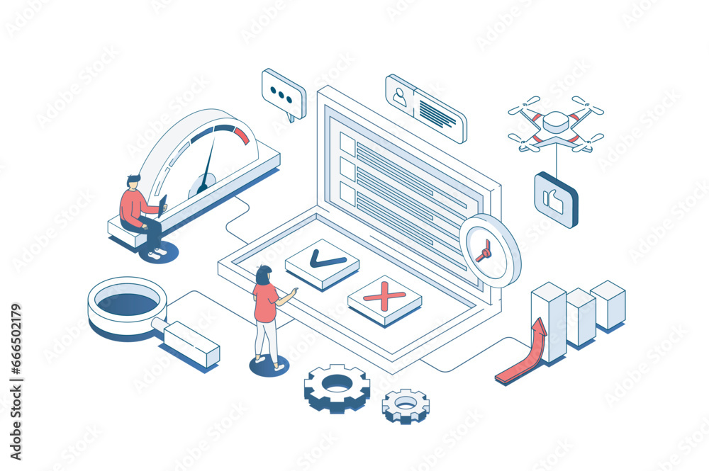 Poster Internet survey concept in 3d isometric design. Users answering in checkbox list, giving client feedback in online questionnaire form. Vector illustration with isometry people scene for web graphic