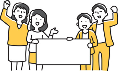 ボードを持って案内する4人の男女