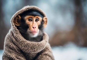 monkey in warm winter clothes with snow and trees in background