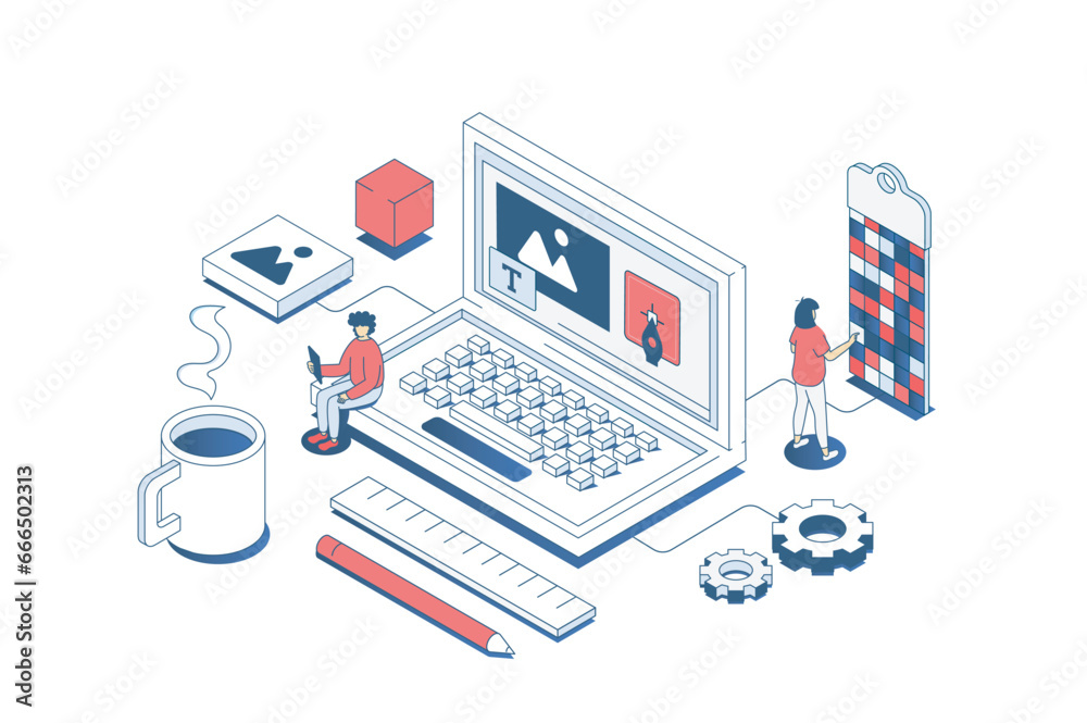 Aufkleber Web design concept in 3d isometric design. Designer team creating digital content and site elements, making and settings homepages. Vector illustration with isometry people scene for web graphic