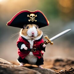 a little hamster is dressed like a pirate and has a sword in his hand - obrazy, fototapety, plakaty