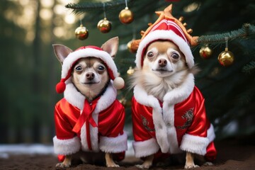 two Chihuahua dogs in a Santa Claus costume against a background of Christmas trees and golden toys