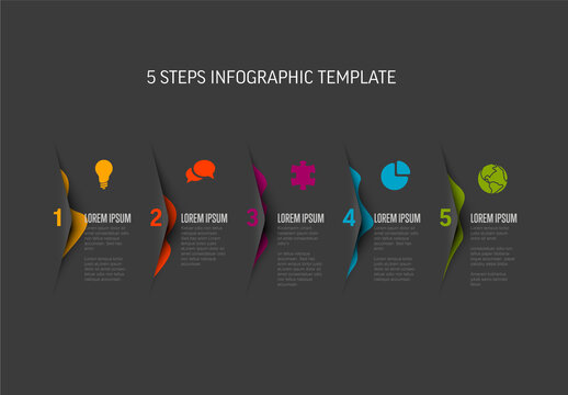 Five dark steps progress page template with color corners and icons