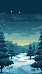 Paysage d'hiver bleu avec sapin, neige et père Noël