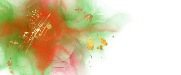 Obraz na płótnie Canvas Luxury red, green, gold background marble liquid ink art. Vector illustration.