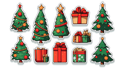 Planche d'icône de Noël avec cadeaux et sapin de Noël, style stickers
