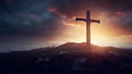 Holy cross as symbol of death and resurrection of Jesus Christ. Beautiful sunset in mountain area with majestic light and clouds.