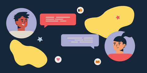 Friends chatting. New generation. Concept of social networks, virtual relationships. Friends chatting and texting. Vector flat illustration.	
