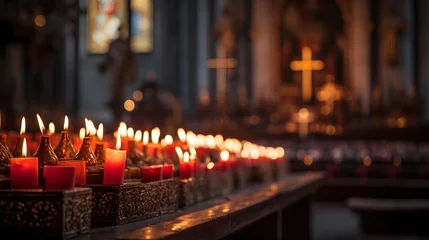 Fotobehang Candles in church with altar in background. Beautiful catholic or Lutheran cathedral with many lit candles as prayer or memory symbol. Beautiful lights in Christian basilica and crucifix in background © TensorSpark