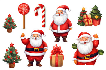 Planche d'illustration de pères Noël, sapins de Noël, cadeaux et sucres d'orge