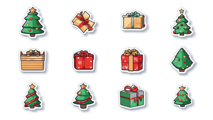 Planche d'icône de Noël avec cadeaux et sapin de Noël, style stickers