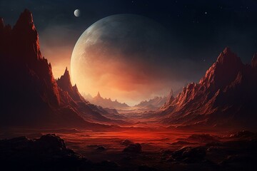 Stunning martian landscape with red desert, mountains, stars on poster and cover art. Generative AI