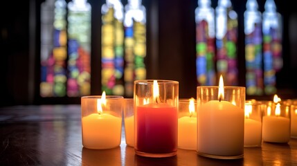 Candles in church with altar in background. Beautiful catholic or Lutheran cathedral with many lit candles as prayer or memory symbol. Beautiful lights in Christian basilica and crucifix in background - obrazy, fototapety, plakaty