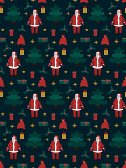 Christmas cute seamless pattern . A festive trees, Santa, winter decor and gifts. Can be used for fabric, textile, clothing, wallpapers or scrap booking. Vector illustration.
