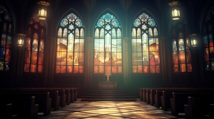 Beautiful vibrant stained church glass windows. Catholic or Lutheran cathedral with piercing rays of bright sunlight shining in the aisle. Holy building for religious feeling. - obrazy, fototapety, plakaty