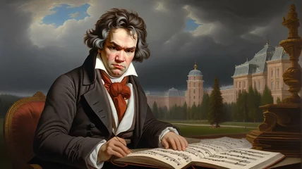 Foto op Canvas ルートヴィヒ・ヴァン・ベートーヴェンの油絵。 悩みながら作曲している姿｜Oil painting of Ludwig van Beethoven. The figure of composing music while worrying. Generative AI © happy Wu 