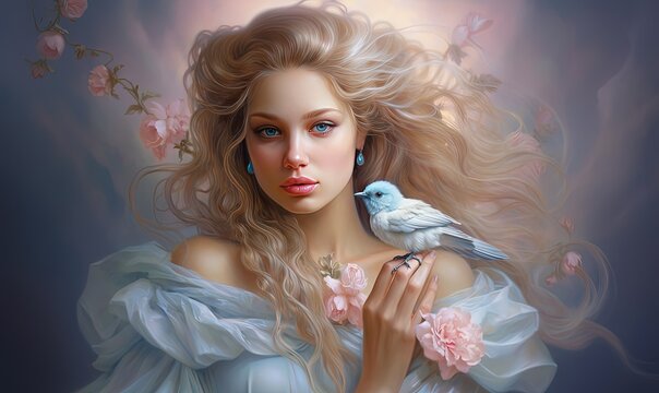painting style illustration of pretty blond hair girl with pet bird and rose bouquet, Generative Ai