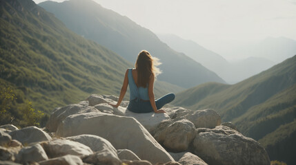 Fototapeta premium Women sit on the mountaintop to relax