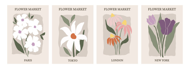 Flowers poster. Flower market banner. Groovy spring trippy plant painting. Contemporary wall art. Botanical minimal fashion pattern, modern invitation. Vector cartoon flat isolated illustration