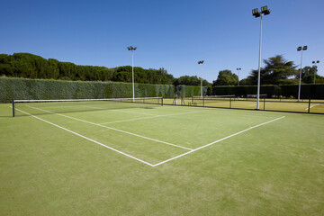 Open air tennis courts. Nobody. Copy space. Healthy lifestyle