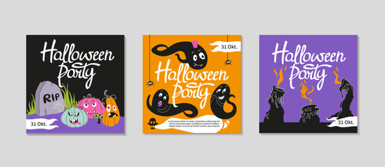 Social media Post template set. Halloween holidays square templates. Halloween party, sale and social media post. Vector illustration for mobile apps, banner design and web internet ads.