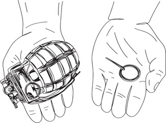 Human Hand Holding Vintage-Style Hand Grenade - Sketch Drawing, Front View Realism: Vintage-Style Hand Grenade Held in Hand - Cartoon Illustration