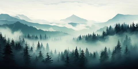 Küchenrückwand glas motiv Misty mountain landscape with fir forest in vintage retro style. Generative AI © AngrySun