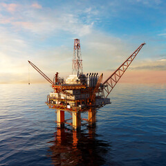 Offshore platform or oil rig in the open ocean producing natural gas for energy. - 666505554