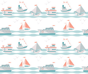 Children's nautical template. Seamless background. children's texture with various ships and sailing boats. cute textile prints. Children's pastel background for albums. Vector illustration