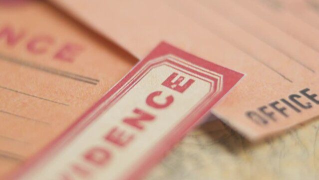 Murder case ID vintage Macro slider cinematic shot evidence tags and labels Map Location