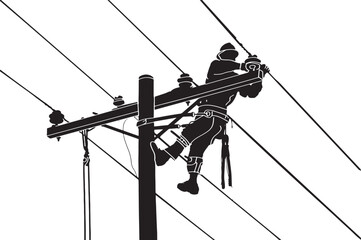 Critical Electrical Repairs: Lineman Hanging on Post - Cartoon Illustration, Essential Cable Maintenance: Electrician Fixing Transformer on Electric Post - Cartoon - obrazy, fototapety, plakaty