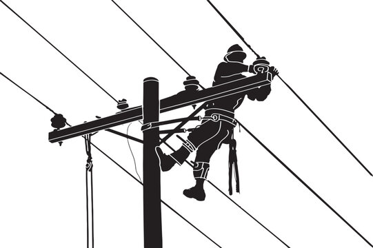 Critical Electrical Repairs: Lineman Hanging on Post - Cartoon Illustration, Essential Cable Maintenance: Electrician Fixing Transformer on Electric Post - Cartoon