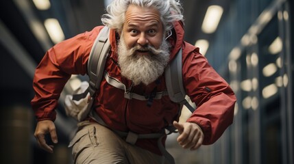 Obraz premium Winter portrait of a man in a red jacket with a gray beard and mustache running forward. Merry Christmas and Happy New Year. Wallpaper, illustration, background.