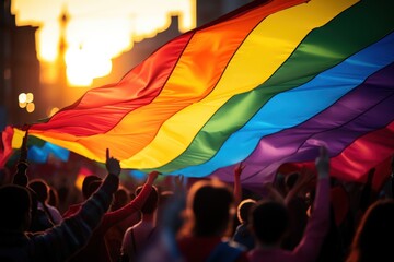 people with rainbow flags at a pride parade in front of the city. LGBT parade on the city street. Pride month concept. LGBTQIA+. Background with a copy space.