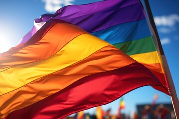Waving rainbow LGBT Flag in the wind on a background of blue sky. LGBT parade on the city street. Pride month concept. LGBTQIA+. Background with a copy space.