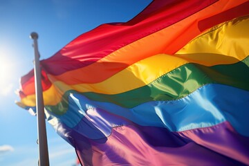 Waving rainbow LGBT Flag in the wind on a background of blue sky. LGBT parade on the city street. Pride month concept. LGBTQIA+. Background with a copy space.