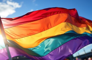 Rainbow flag waving in the wind on a sunny day, close-up. LGBT parade on the city street. Pride month concept. LGBTQIA+. Background with a copy space.