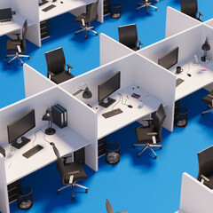 Fototapeta na wymiar A row of endless cubicles in white, modern office space. Contemporary workplace.